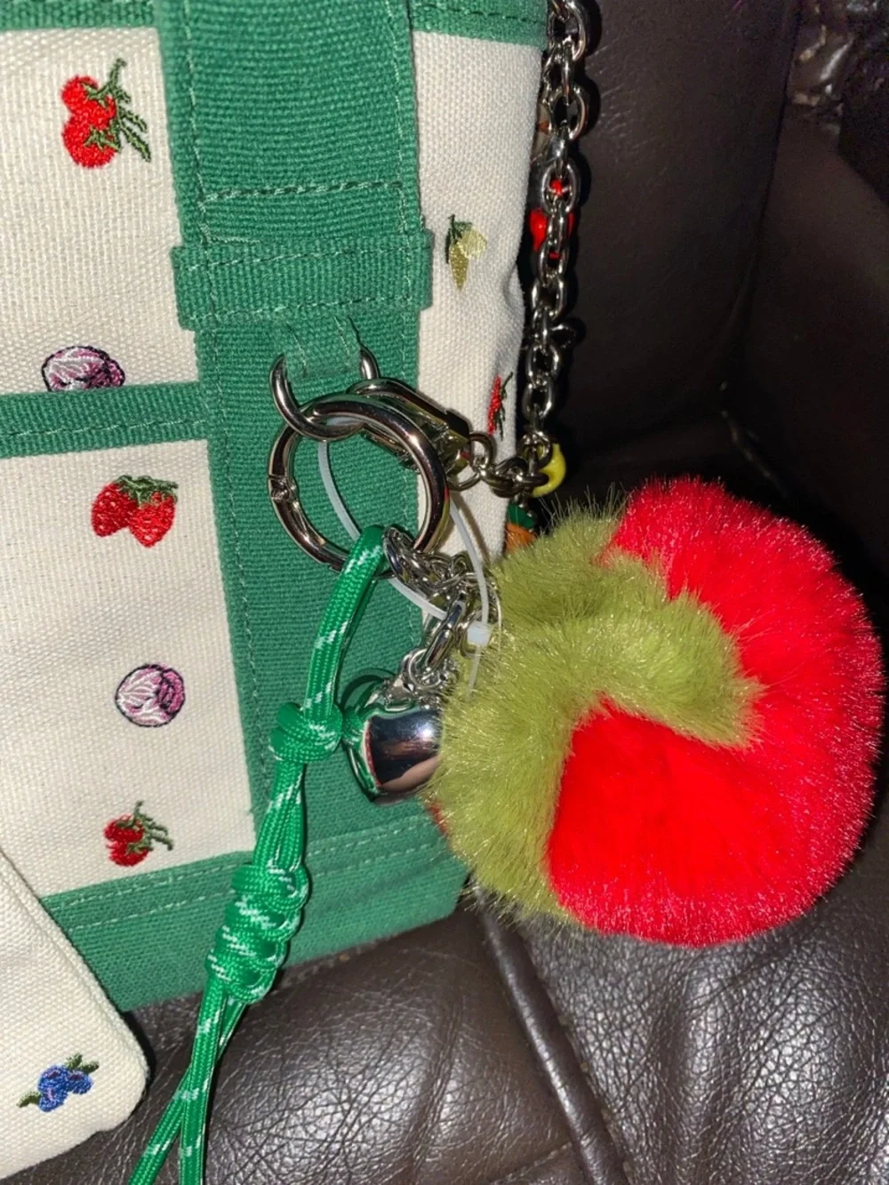 Madden Girl Green and Cream Tote with Red tomatoe Pom & Gingham Scarf scrunchie